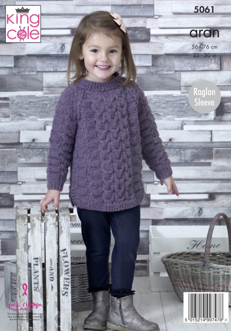 King Cole 5061 Child's Cabled Aran Cardigan & Tunic patterns to fit 22